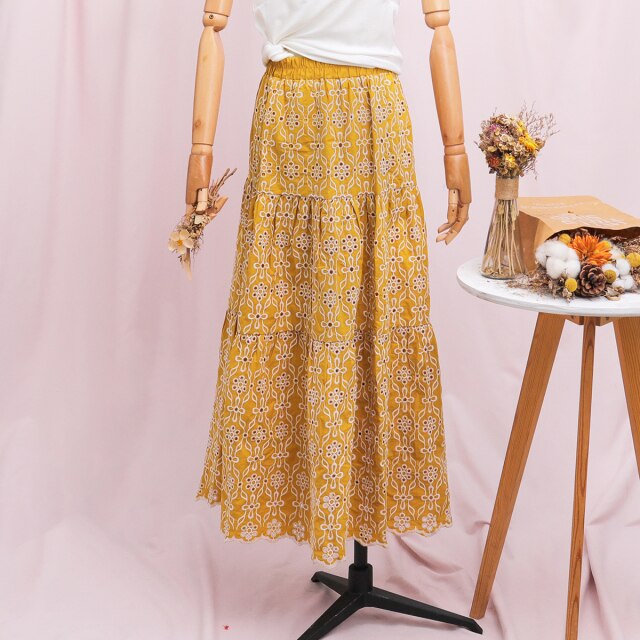 Bohemian Floral Embroidered Skirts Women Hollow Cotton Elastic Waist A-Line Midi Skirt Boho 2022 Autumn femme faldas