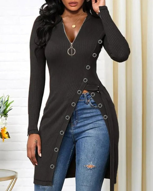 Ifomt Autumn Women  Chain Strap High Split Zip Front Top Femme Casual Cold Shoulder Blouse Office Lady Outfits Clothing traf