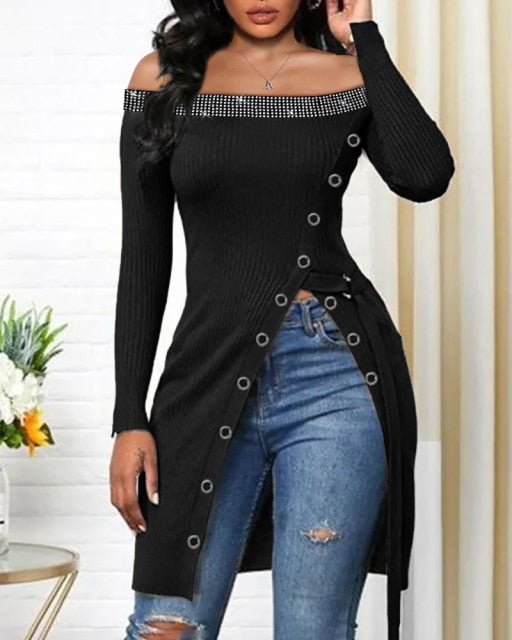 Ifomt Autumn Women  Chain Strap High Split Zip Front Top Femme Casual Cold Shoulder Blouse Office Lady Outfits Clothing traf