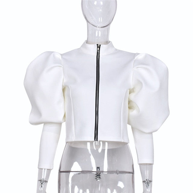 Autumn Puff Long Sleeve Coat Women Cardigan 2022 Zipper Cropped White Casual Winter Jacket Coat Streetwear Fashion Tops