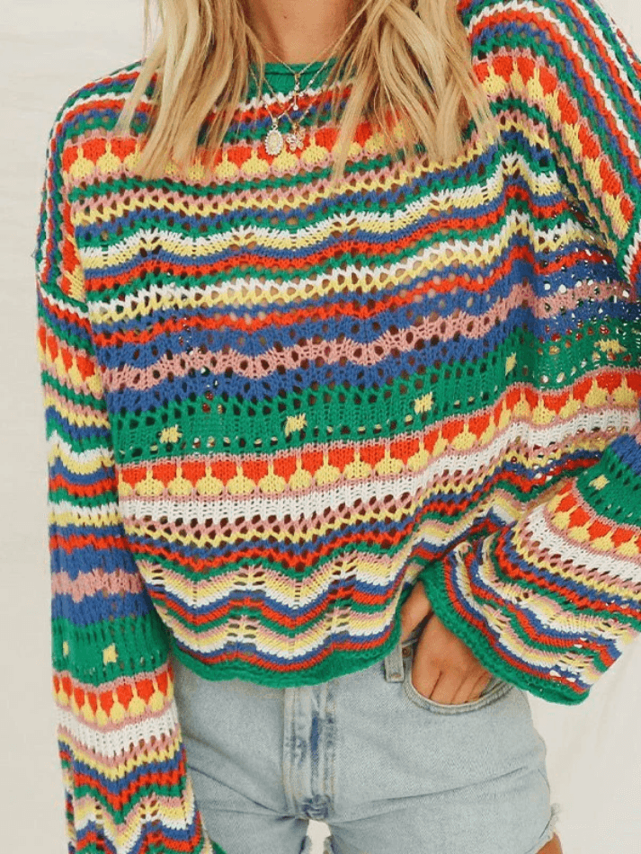 Ifomat Rainbow Stripe Crochet Knit Sweater
