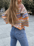 Ifomat Rainbow Stripe Crochet Knit Sweater