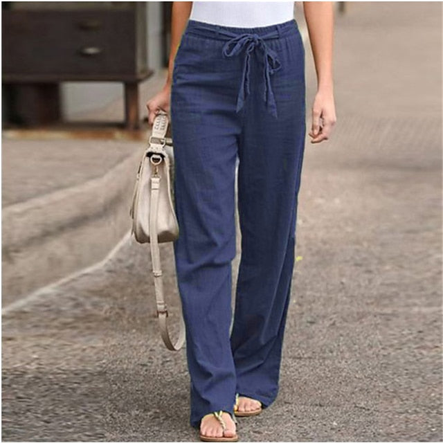 Women‘s spring autumn casual pants solid color lace casual loose straight trousers