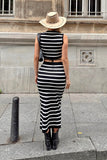 IFOMT 2024 New Fashion Dress Woman Style  Black Striped Bias Tie Crop-Skirt Women's Bottom-Top Knitwear Set