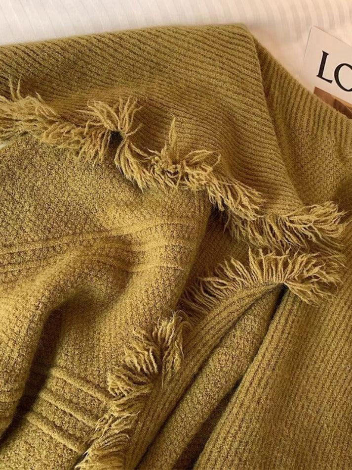 Ifomat Solid Color Big Lapel Neck Tassel Trim Cardigan