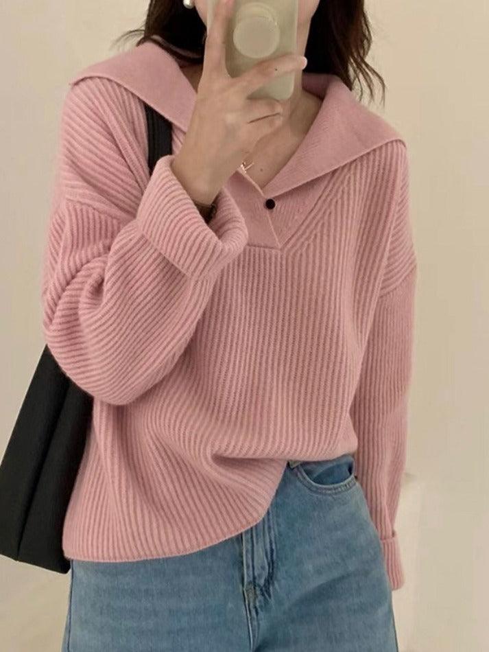 Ifomat Solid Color Lapel Neck Baggy Sweater