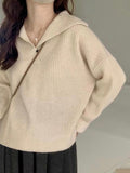 Ifomat Solid Color Lapel Neck Baggy Sweater
