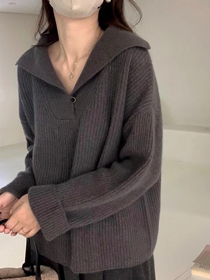 Ifomat Solid Color Lapel Neck Baggy Sweater