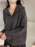Ifomat Solid Color Lapel Neck Baggy Sweater