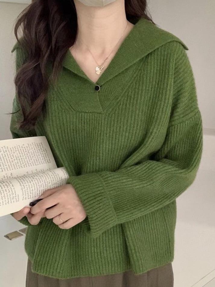 Ifomat Solid Color Lapel Neck Baggy Sweater