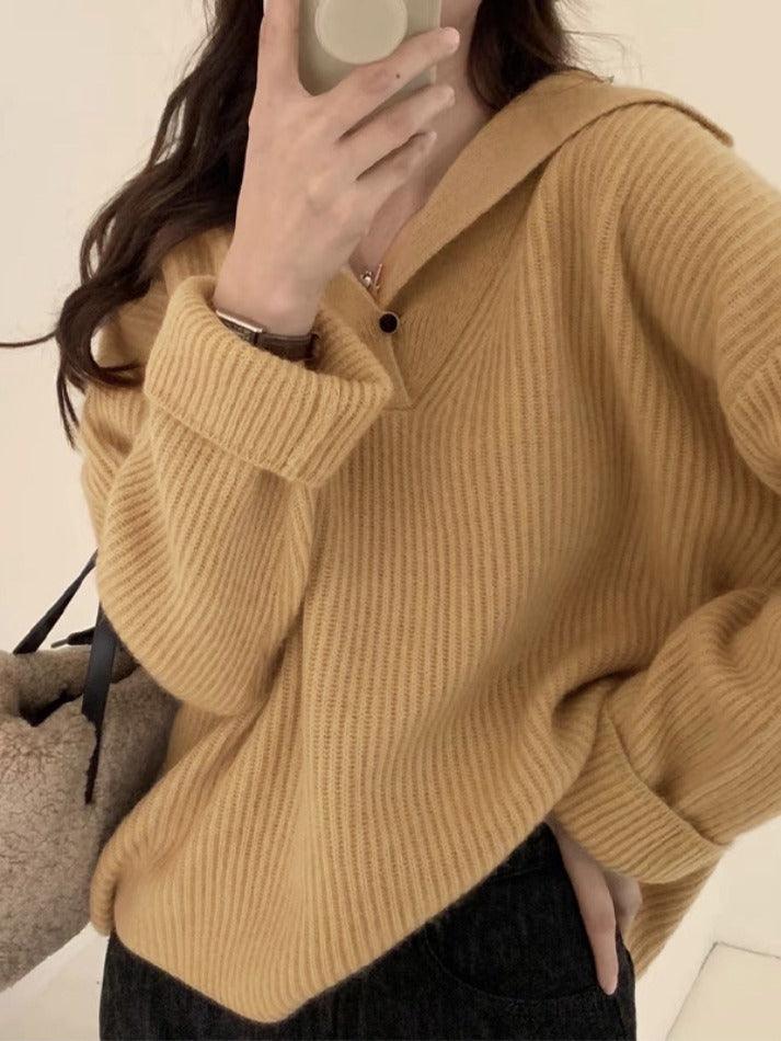 Ifomat Solid Color Lapel Neck Baggy Sweater