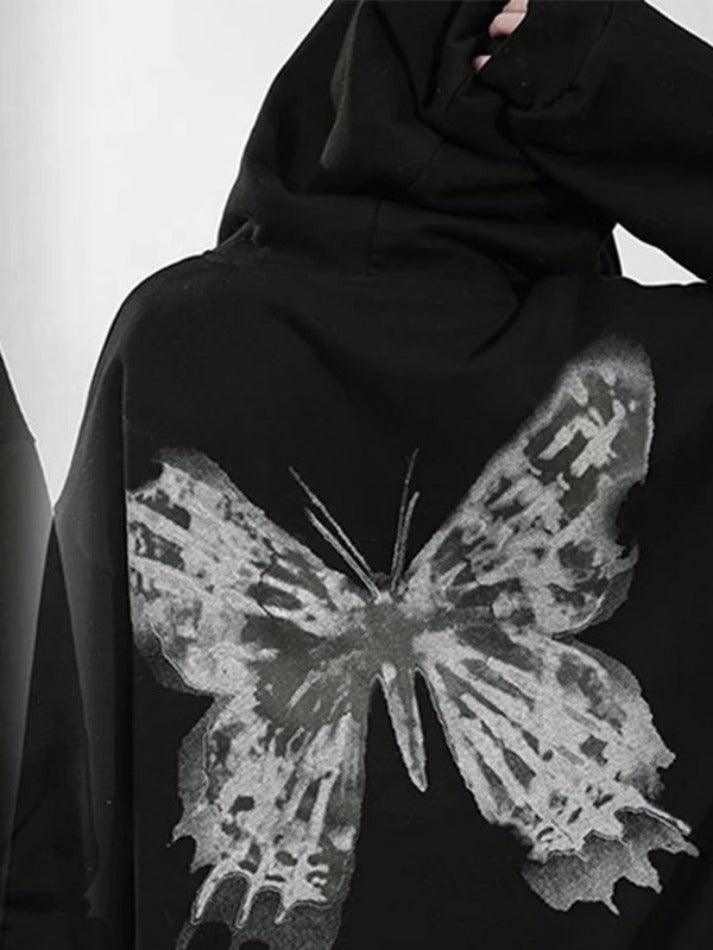 Ifomat Street Butterfly Print Zip Up Oversized Hoodie