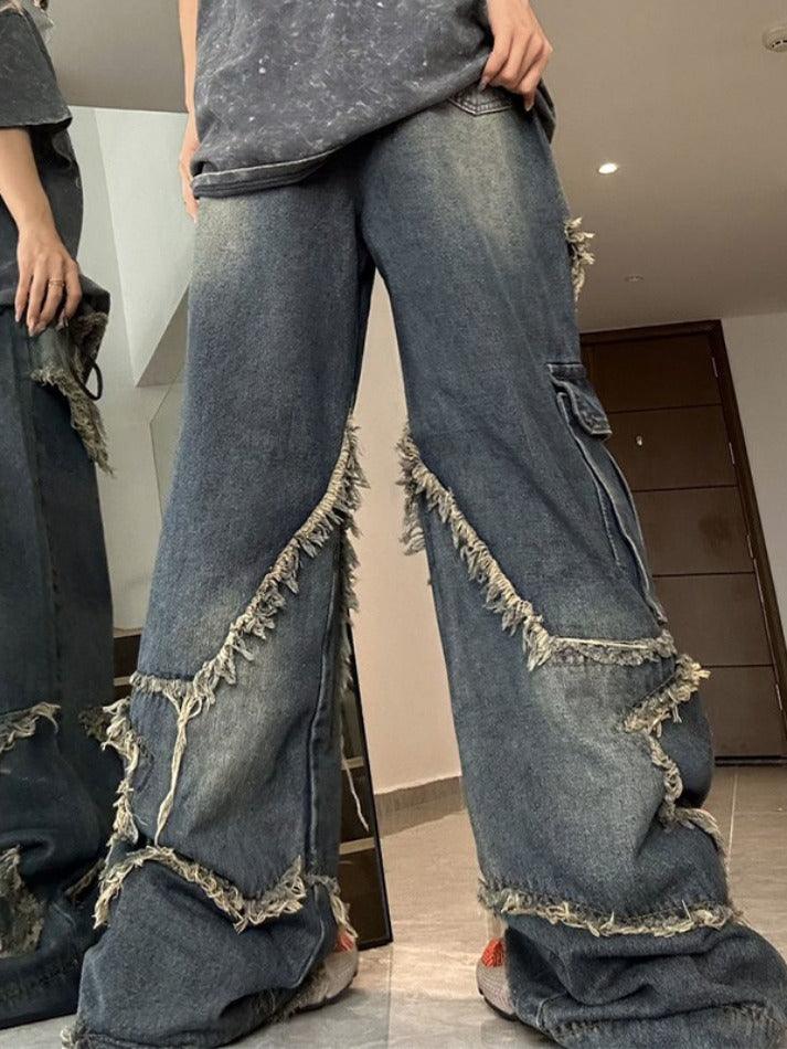 Ifomat Street Frayed Patch Splice Mopping Boyfriend Jeans