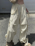 Ifomat Stretchy Waist Pleated Pocket Ribbon Cargo Pants