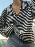 Ifomat Stripe Lapel Neck Chain Decor Sweater
