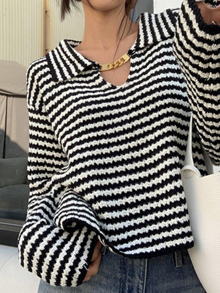 Ifomat Stripe Lapel Neck Chain Decor Sweater
