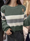 Ifomat Stripe Print Cutout Design Sweater
