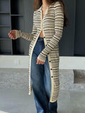 Ifomat Stripe V Neck Breasted Knit Long Cardigan