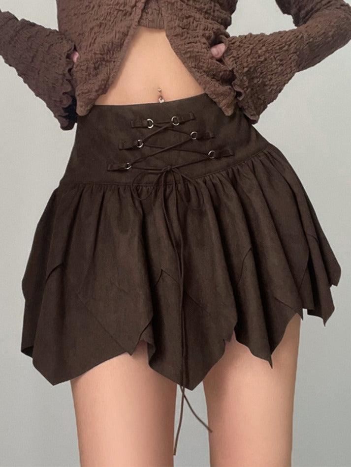 Ifomat Suede Lace Up Irregular Hem Mini Skirt
