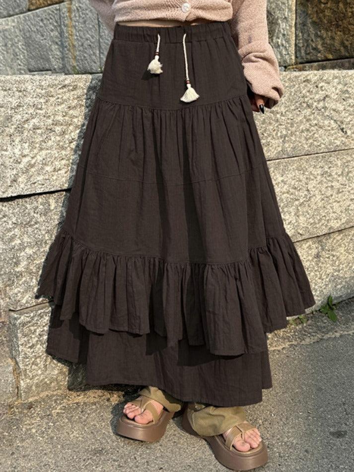 Ifomat Tribal Drawstring Stretchy Waist Layered Midi Skirt