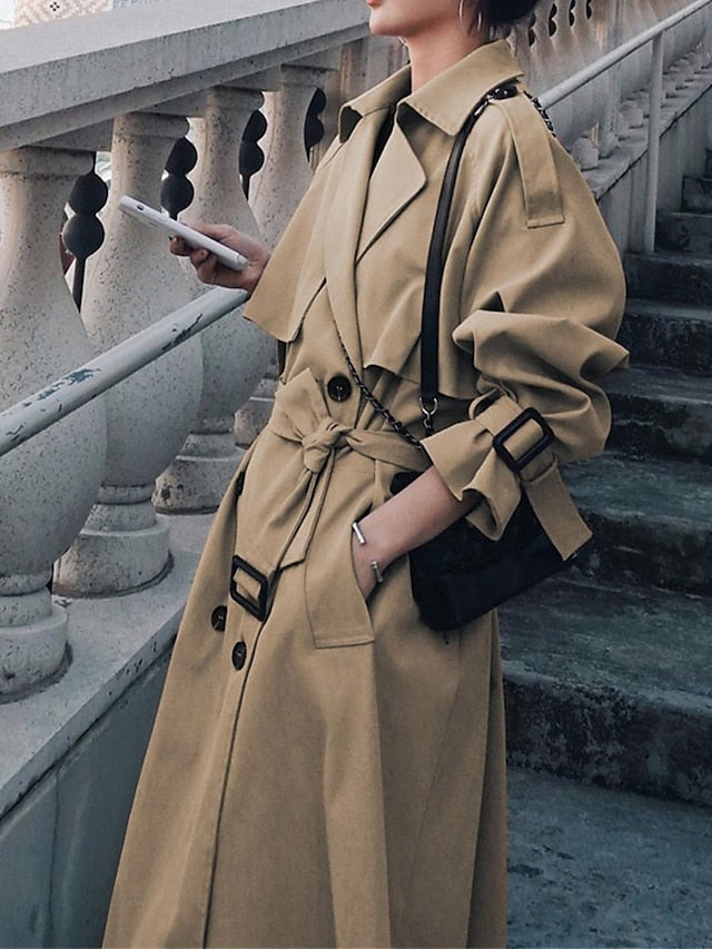 Women's Trench Coat Fall Double Breasted Belted Long Overcoat Classic Lapel Slim Windproof Warm Coat with Pockets Plain Black Khaki