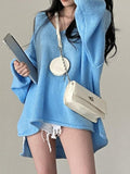 Ifomat V Neck Rolled Hem Loose Sweater