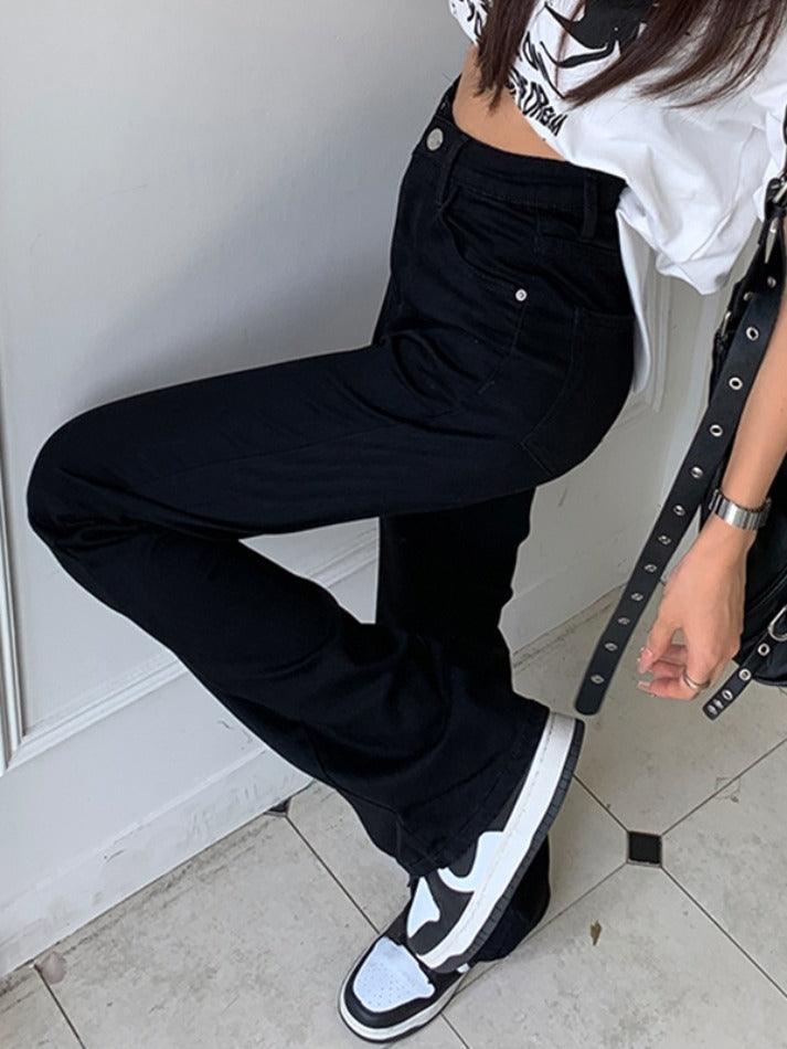 Ifomat Versatile Black High Waist Stretchy Lengthen Flare Jeans