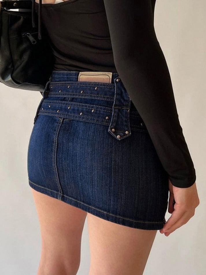 Ifomat Vintage Denim Buckle Wrap Hip Mini Skirt
