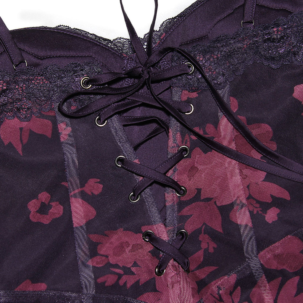 IFOMT Vintage Flower Print Mesh Panel Lace Up Back Slip Maxi Dress - Black