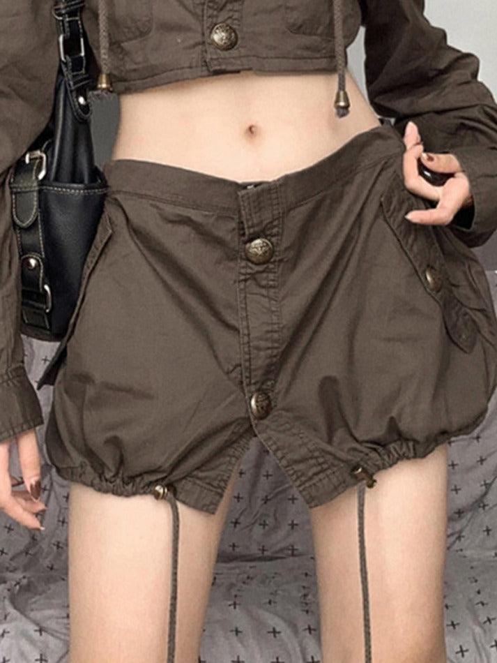 Ifomat Vintage Pocket Button Drawstring Hem Cargo Mini Skirt