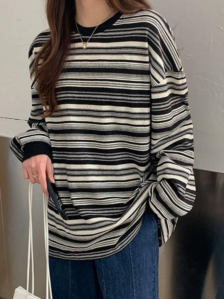 Ifomat Vintage Striped Crew Neck Pullover Sweater