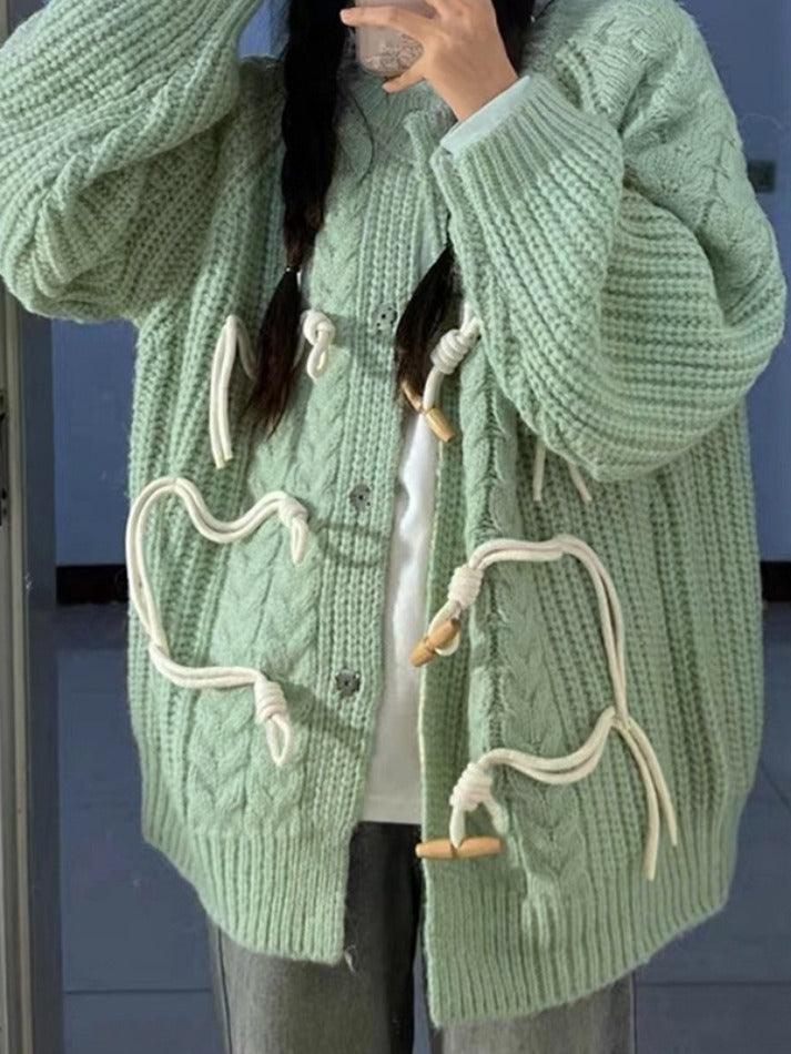 Ifomat Vintage Twist Design Horn Buckle Cardigan
