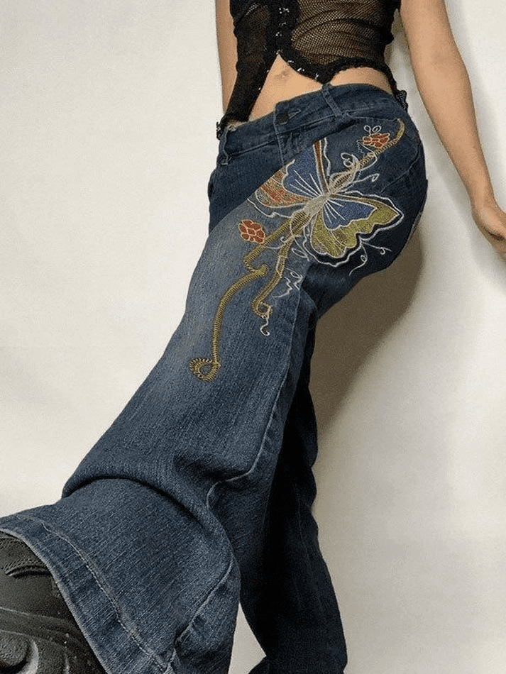 Ifomat Vintage Washed Butterfly Flare Jeans
