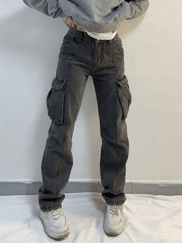 Ifomat Washed Mid Waist Pocket Cargo Jeans