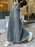 Ifomat Washed Raw Edge Patchwork Back Slit Maxi Skirt