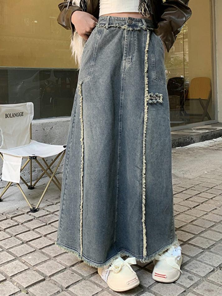 Ifomat Washed Raw Edge Patchwork Back Slit Maxi Skirt
