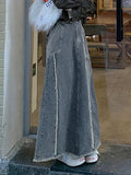 Ifomat Washed Raw Edge Patchwork Back Slit Maxi Skirt